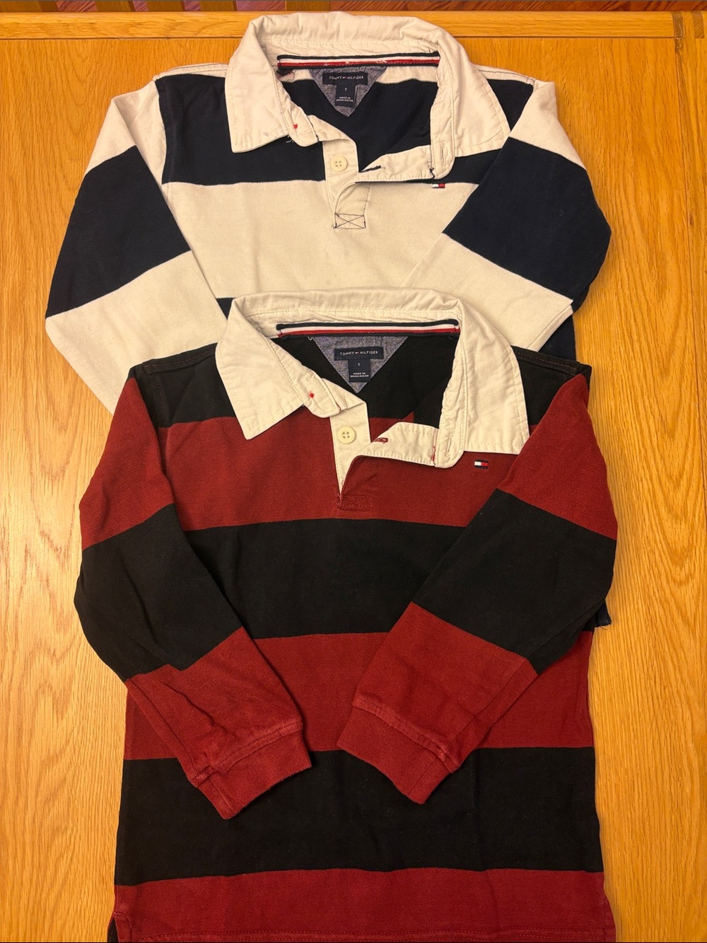 Set of 2 Tommy Hilfiger Rugby Stripe Tops - Black/Burgundy & Blue/White size 7